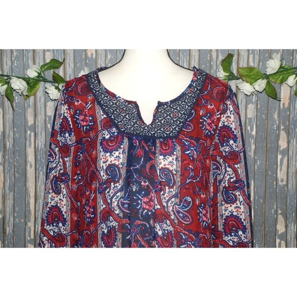 Dressbarn Ladies Red & Blue Blouse Size L Sheer Long Sleeve V-Neck Paisley Print - Picture 2 of 8